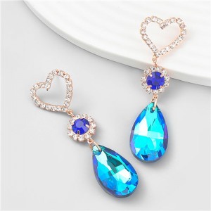 French Romantic Hollow-out Peach Heart Water Drop Pendant Fashion Earrings - Blue