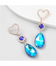 French Romantic Hollow-out Peach Heart Water Drop Pendant Fashion Earrings - Blue