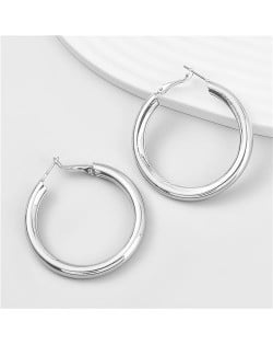 Business Women Style Circle Design Minimalist Alloy Medium Hoop Earrings - Silver