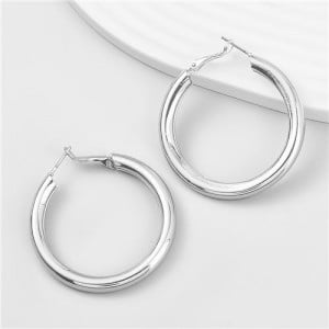 Business Women Style Circle Design Minimalist Alloy Medium Hoop Earrings - Silver