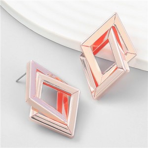Vintage Two-layers Rhombus Geometric Design Alloy Earrings - Golden