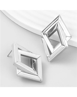 Vintage Two-layers Rhombus Geometric Design Alloy Earrings - Silver