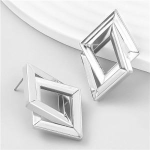 Vintage Two-layers Rhombus Geometric Design Alloy Earrings - Silver