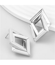 Vintage Two-layers Rhombus Geometric Design Alloy Earrings - Silver