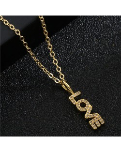 Mother's Day Series Shining Cubic Zirconia LOVE Alphabet Pendant Golden Copper Necklace