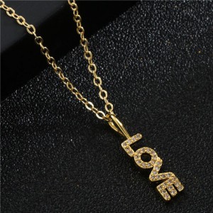 Mother's Day Series Shining Cubic Zirconia LOVE Alphabet Pendant Golden Copper Necklace