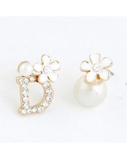 Sweet Flower Attached D Character and Pearl Asymmetric Ear Studs - White