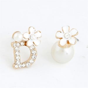 Sweet Flower Attached D Character and Pearl Asymmetric Ear Studs - White
