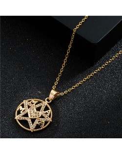 Mother's Day Series Glistening Star and Love Heart Hollow-out Round Pendant Golden Copper Necklace