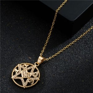 Mother's Day Series Glistening Star and Love Heart Hollow-out Round Pendant Golden Copper Necklace