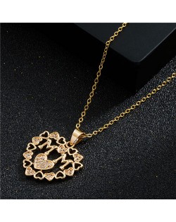 Mother's Day Series Bling Cubic Zirconia Hollow-out Peach Heart Pendant Women Copper Necklace