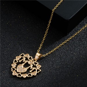 Mother's Day Series Bling Cubic Zirconia Hollow-out Peach Heart Pendant Women Copper Necklace