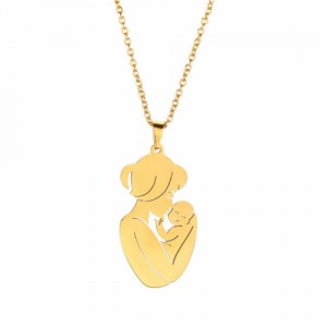 Mother's Day Series Mother Kiss Baby Pendant Stainless Steel Necklace - Golden