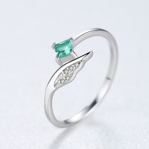 Unique Angle Wing Design Open-end Adjustable 925 Sterling Silver Ring - Green