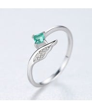 Unique Angel Wing Design Open-end Adjustable 925 Sterling Silver Ring - Green