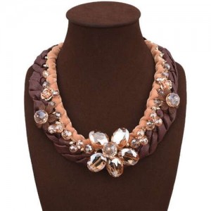 Crystal Flowers Decorated Rope and Leather Weaving Fashion Women Necklace - Brown