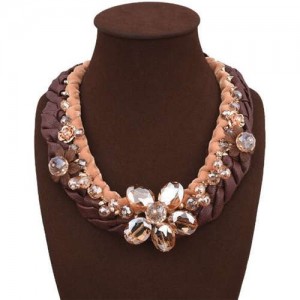 Crystal Flowers Decorated Rope and Leather Weaving Fashion Women Necklace - Brown