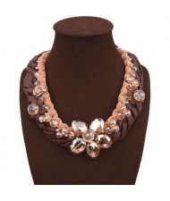 Crystal Flowers Decorated Rope and Leather Weaving Fashion Women Necklace - Brown