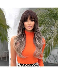European KOL Choice Fashion Blunt Bangs Brown Color Curly Long Synthetic Hair Wholesale Women Wig