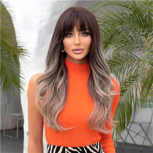 European KOL Choice Fashion Blunt Bangs Brown Color Curly Long Synthetic Hair Wholesale Women Wig