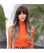 European KOL Choice Fashion Blunt Bangs Brown Color Curly Long Synthetic Hair Wholesale Women Wig