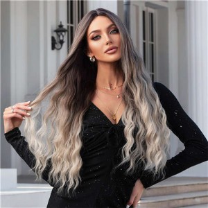 U.S. and European Fashion Central Parting Gradient Brown to Golden Color Curly Long Synthetic Women Wig