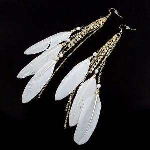Korean Fashion Feather Tassels Earrings - White