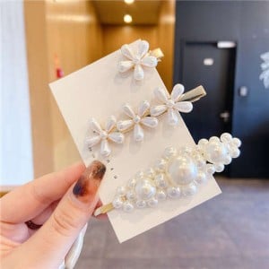 3 Pieces Set Wholesale Fashion Hair Accessories Pearl Beads Flower Design Hair Clips Set