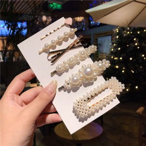 6 Pieces Set Korean Fashion White Pearl Flower Design Young Lady Hair Clips Set