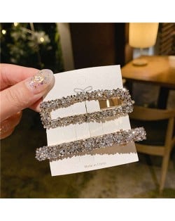 2 Pieces Set Vintage Square Bling Rhinestone Korean Fashion Hair Clips Set - Silver