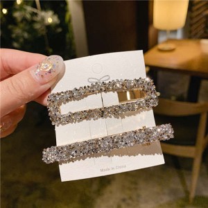 2 Pieces Set Vintage Square Bling Rhinestone Korean Fashion Hair Clips Set - Silver