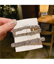 2 Pieces Set Vintage Square Bling Rhinestone Korean Fashion Hair Clips Set - Silver