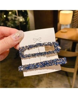 2 Pieces Set Vintage Square Bling Rhinestone Korean Fashion Hair Clips Set - Blue