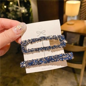 2 Pieces Set Vintage Square Bling Rhinestone Korean Fashion Hair Clips Set - Blue