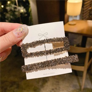 2 Pieces Set Vintage Square Bling Rhinestone Korean Fashion Hair Clips Set - Dark Gray