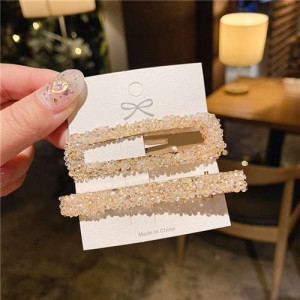 2 Pieces Set Vintage Square Bling Rhinestone Korean Fashion Hair Clips Set - Beige