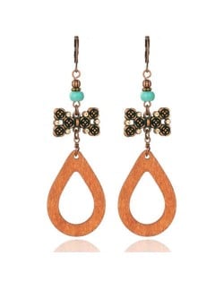 Bowknot and Turquoise Beads Waterdrop Design Bohemian Fashion Women Vintage Dangle Wooden Earrings