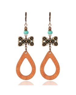 Bowknot and Turquoise Beads Waterdrop Design Bohemian Fashion Women Vintage Dangle Wooden Earrings