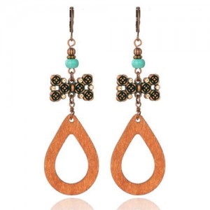 Bowknot and Turquoise Beads Waterdrop Design Bohemian Fashion Women Vintage Dangle Wooden Earrings