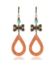 Bowknot and Turquoise Beads Waterdrop Design Bohemian Fashion Women Vintage Dangle Wooden Earrings