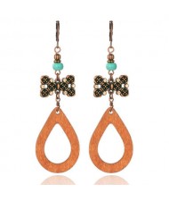 Bowknot and Turquoise Beads Waterdrop Design Bohemian Fashion Women Vintage Dangle Wooden Earrings