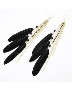 Korean Fashion Feather Tassels Earrings - Black