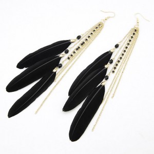Korean Fashion Feather Tassels Earrings - Black