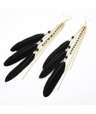 Korean Fashion Feather Tassels Earrings - Black