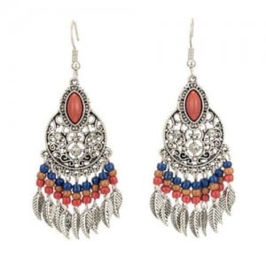 Bohemian Fashion Hollow Design Beads and Leaves Tassel Women Shoulder Duster Costume Earrings