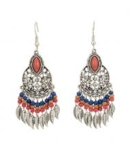 Bohemian Fashion Hollow Design Beads and Leaves Tassel Women Shoulder Duster Costume Earrings