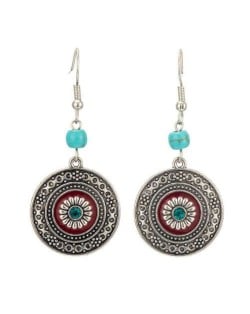 Artificial Turquoise Cube Decorated Vintage Floral Round Pendant Women Shoulder Duster Earrings