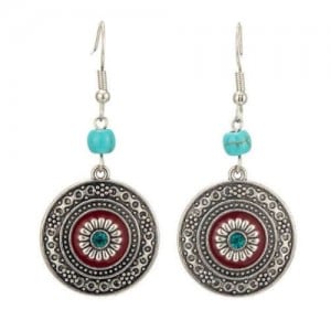 Artificial Turquoise Cube Decorated Vintage Floral Round Pendant Women Shoulder Duster Earrings