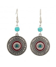 Artificial Turquoise Cube Decorated Vintage Floral Round Pendant Women Shoulder Duster Earrings