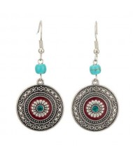 Artificial Turquoise Cube Decorated Vintage Floral Round Pendant Women Shoulder Duster Earrings
